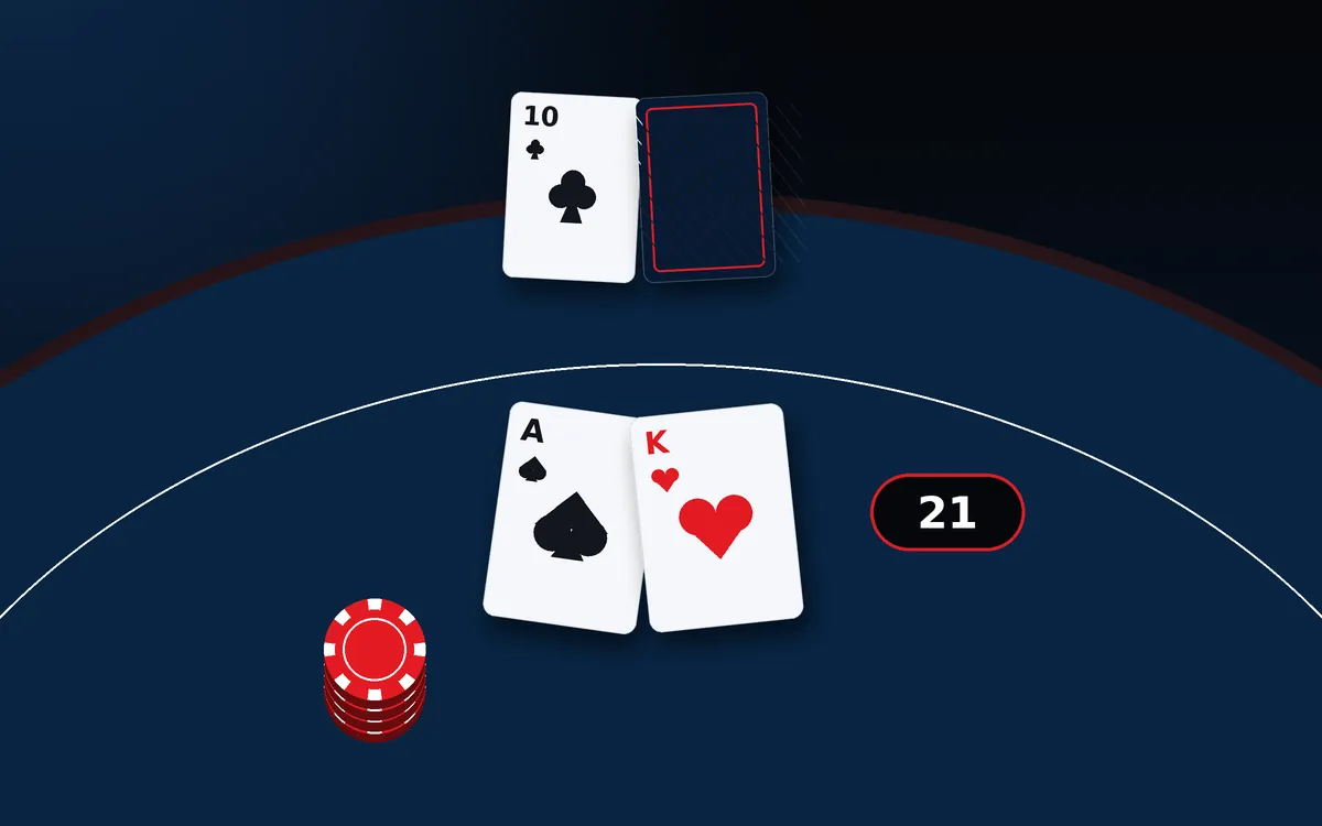 Blackjack table illustration with an ace and a king making blackjack and the dealer showing a ten