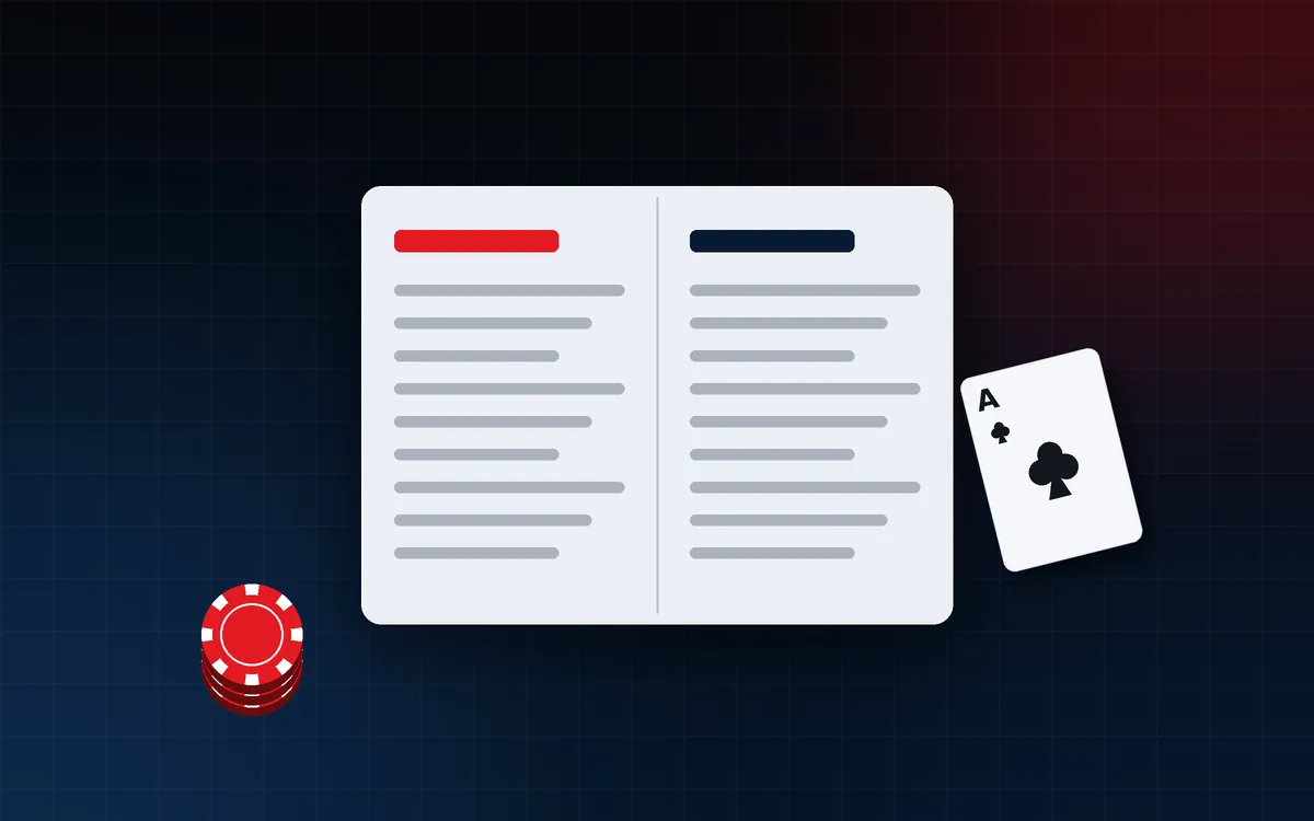 Open guide book illustration beside a playing card and chip stack