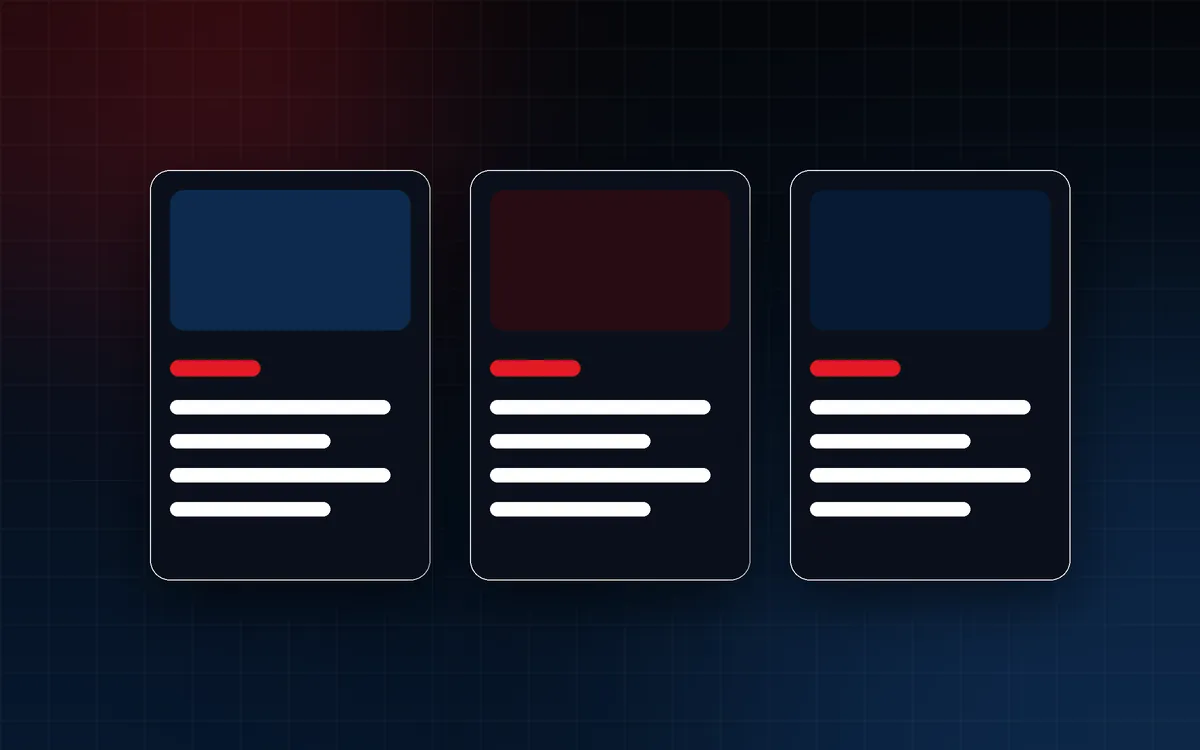 Illustration of three editorial news cards with red category labels