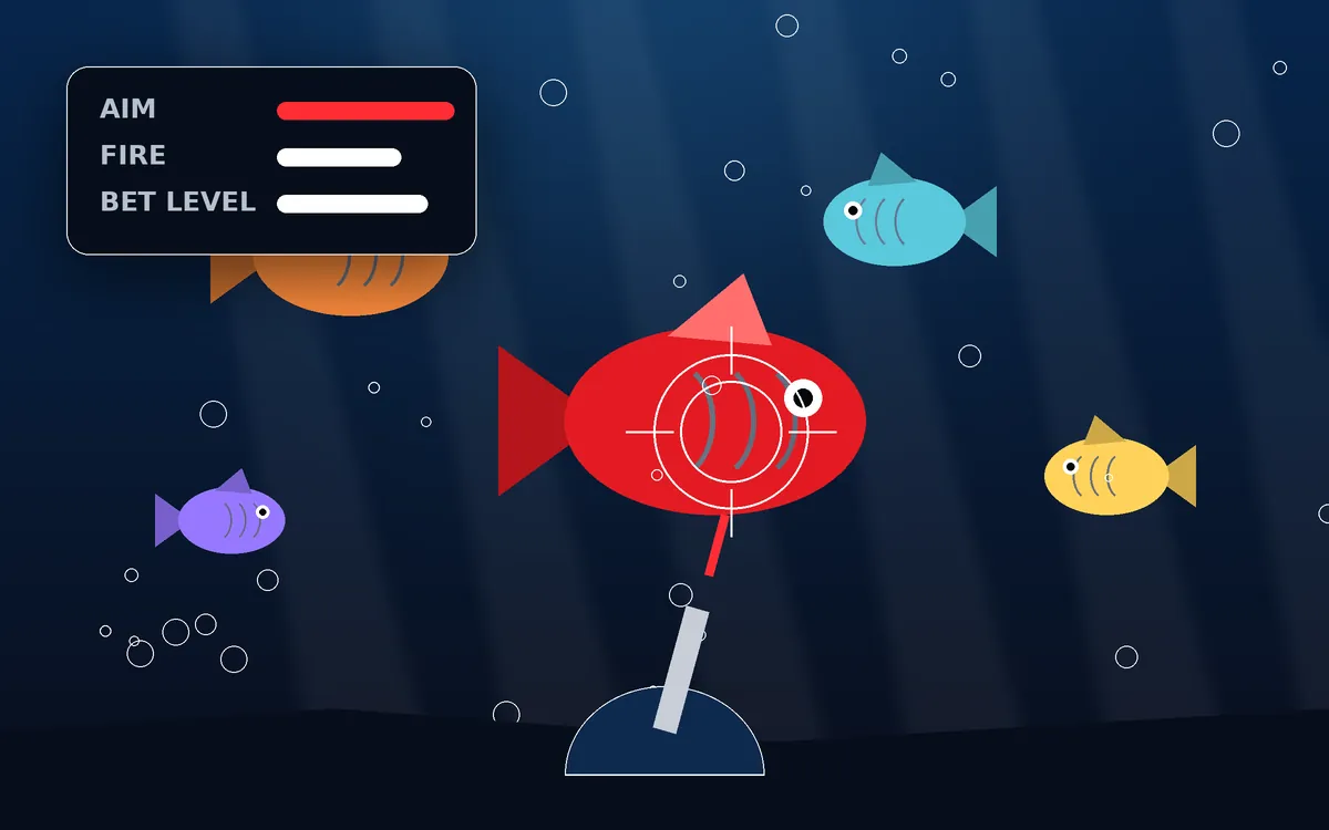 Underwater fishing game illustration with a cannon aiming a crosshair at a large red fish