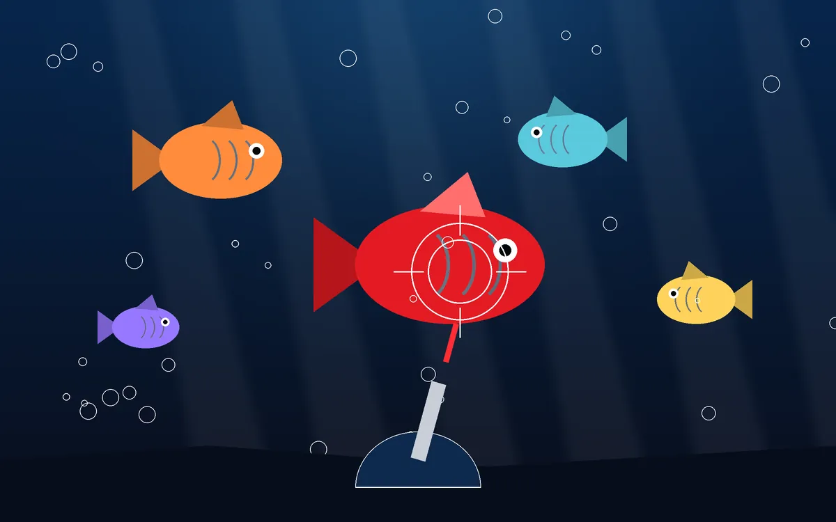 Underwater fishing game illustration with colourful fish, bubbles and a cannon on the seabed