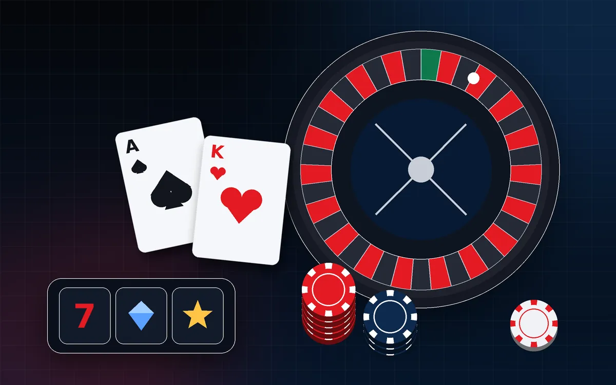 Casino illustration with a roulette wheel, playing cards, chips and slot reels