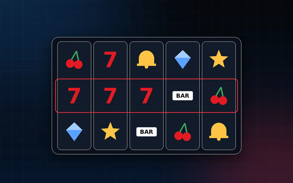 Five-reel slot grid illustration with a highlighted row of three red sevens