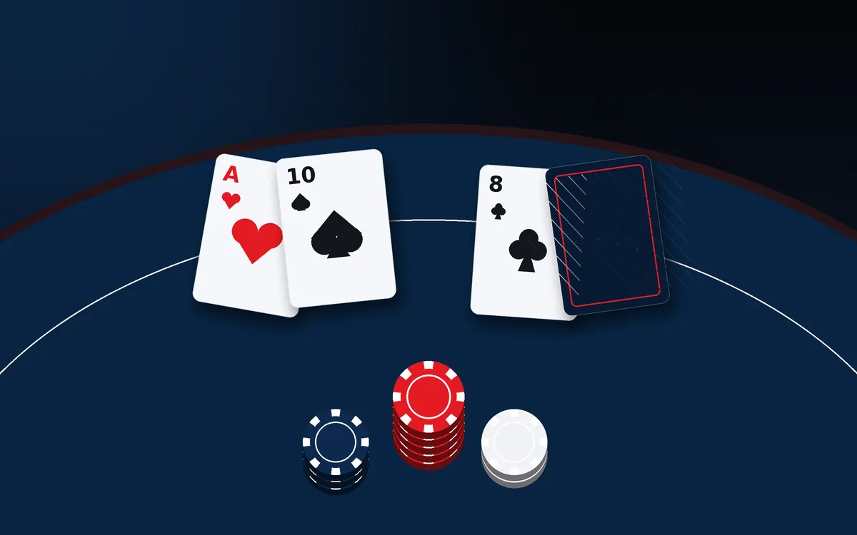 Card table illustration with an ace and ten, a face-down card and stacks of chips
